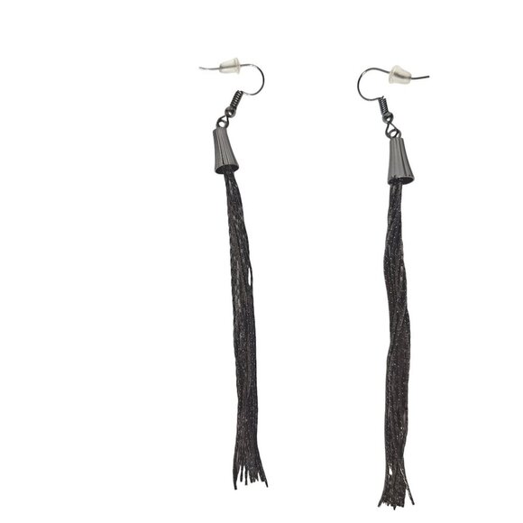 Black Dangle Tassel Earrings Long Drop Thread Fringe Fashion Jewelry Lightweight - Picture 2 of 2